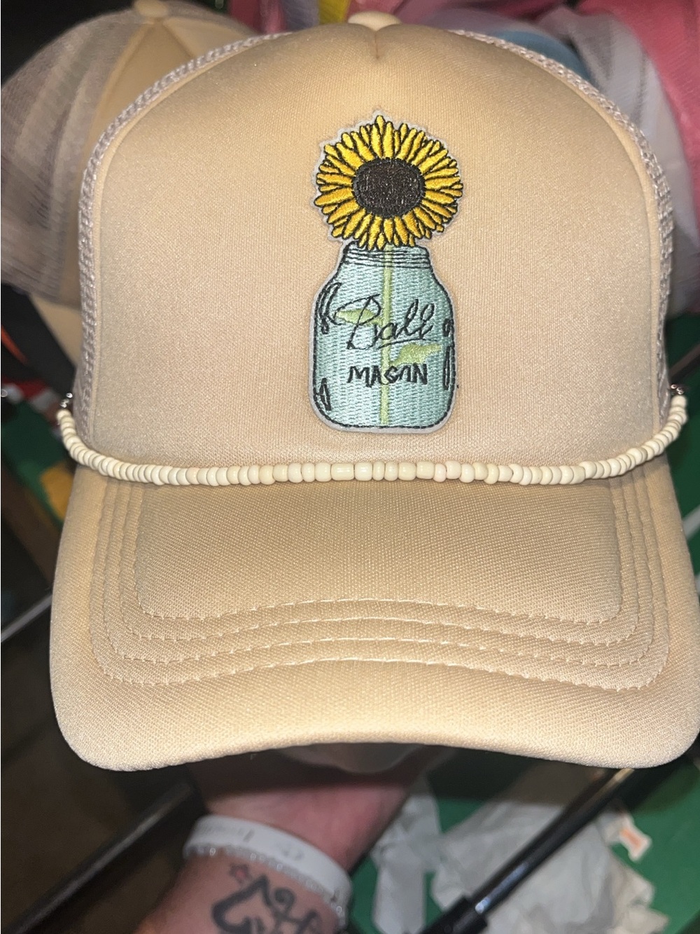 Beige Sunflower Trucker Hat with Bead Trim